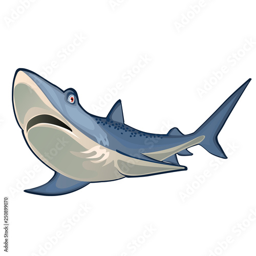 Great blue shark isolated on white background. Vector cartoon close-up illustration.