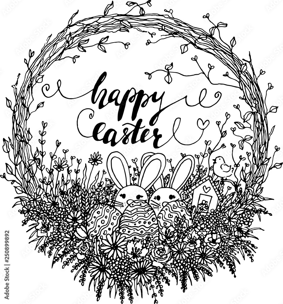 vector hello easter wreath illustration. black and white easter clipart