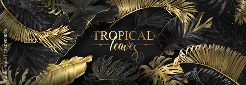 Vector horizontal banner with gold tropical leaves
