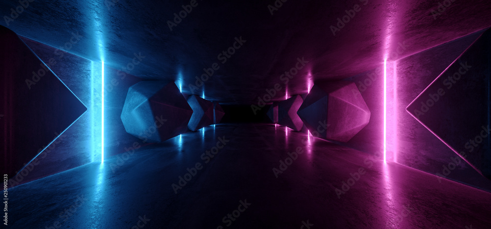 Neon Glowing Psychedelic Vibrant Cosmic Ultraviolet Fluorescent Luxurious Luminous Sci Fi Futuristic Retro  Vertical Lights Purple Blue Grunge Concrete Tunnel 3D Rendering