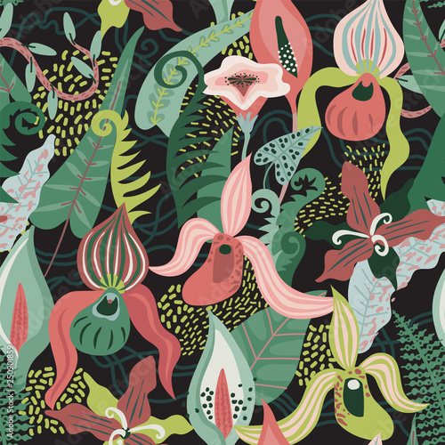 Tropical flowers and leaves. Jungle - seamless vector pattern. photo