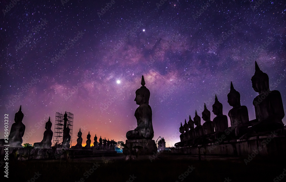 Milky way galaxy with buddha stature dark filter style