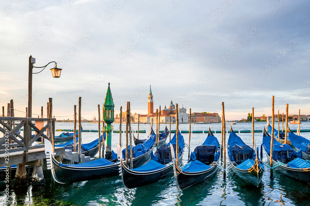 Venice, Italy.Gondolas moored by Saint Mark square in Venice