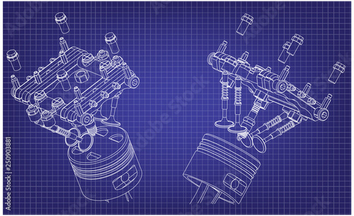 Candle, valve and piston on a blue