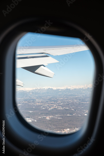 Beautiful plane window view while taking off