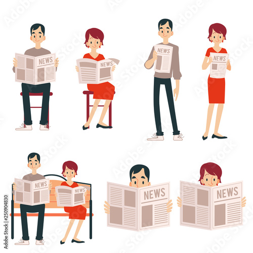 A set of adult couple, a man and a woman read a newspaper, news, standing and sitting.