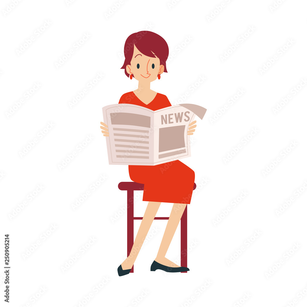 An adult woman sits on a chair in her red dress and reads a newspaper with the news. An adult woman sits on a chair in her red dress and reads a newspaper with the news.