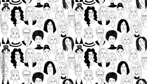 Women's head seamless pattern background grunge line drawing doodle poster