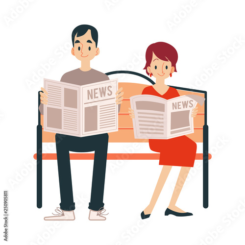 An adult couples, a man and a woman read a newspaper, news, standing and sitting on a bench