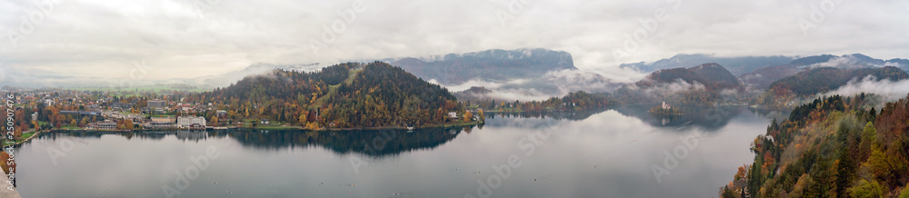 Fototapeta premium Beautiful aerial autumn landscape around Lake Bled