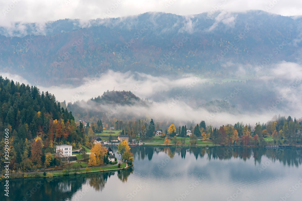Fototapeta premium Beautiful aerial autumn landscape around Lake Bled