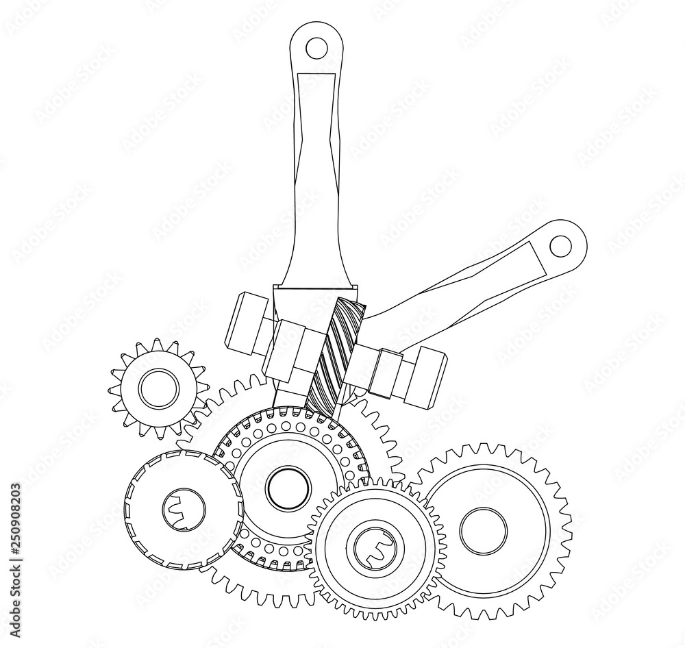 Gears and crankshaft on a white