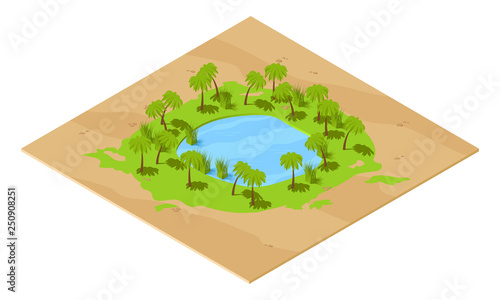 Isometric oasis includes pond and date palm trees vector illustration.