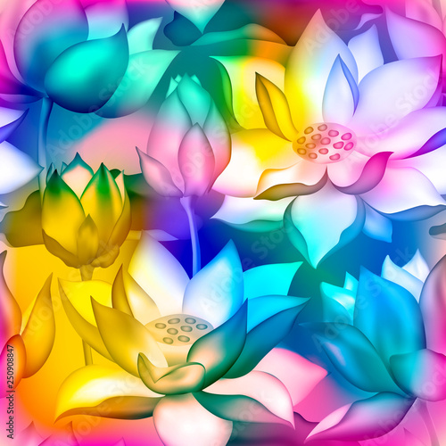 Lotus buds and flowers seamless vector pattern., Water lilly nelumbo aquatic plant floral graphic design.