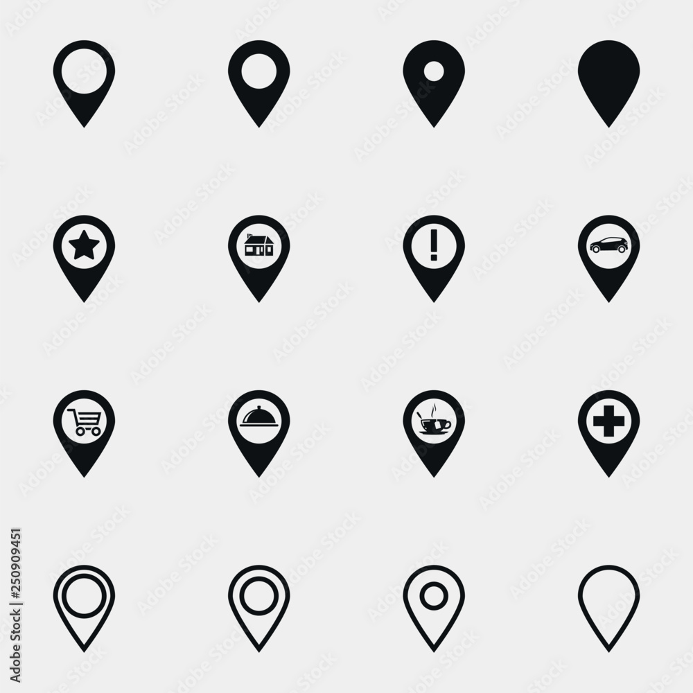 Set of location pins black and white vector icon. Stock Vector Adobe