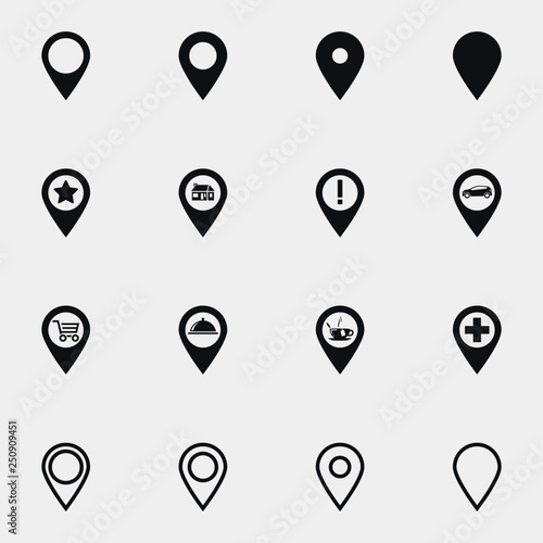 Set of location pins black and white vector icon.