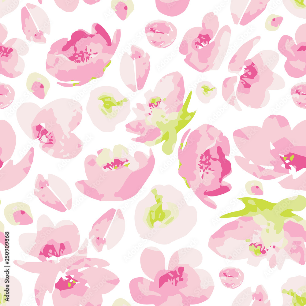 Vector seamless pattern, blooming abstract creamy pink flowers on white background. Use in textiles, interior, wrapping paper and other design.