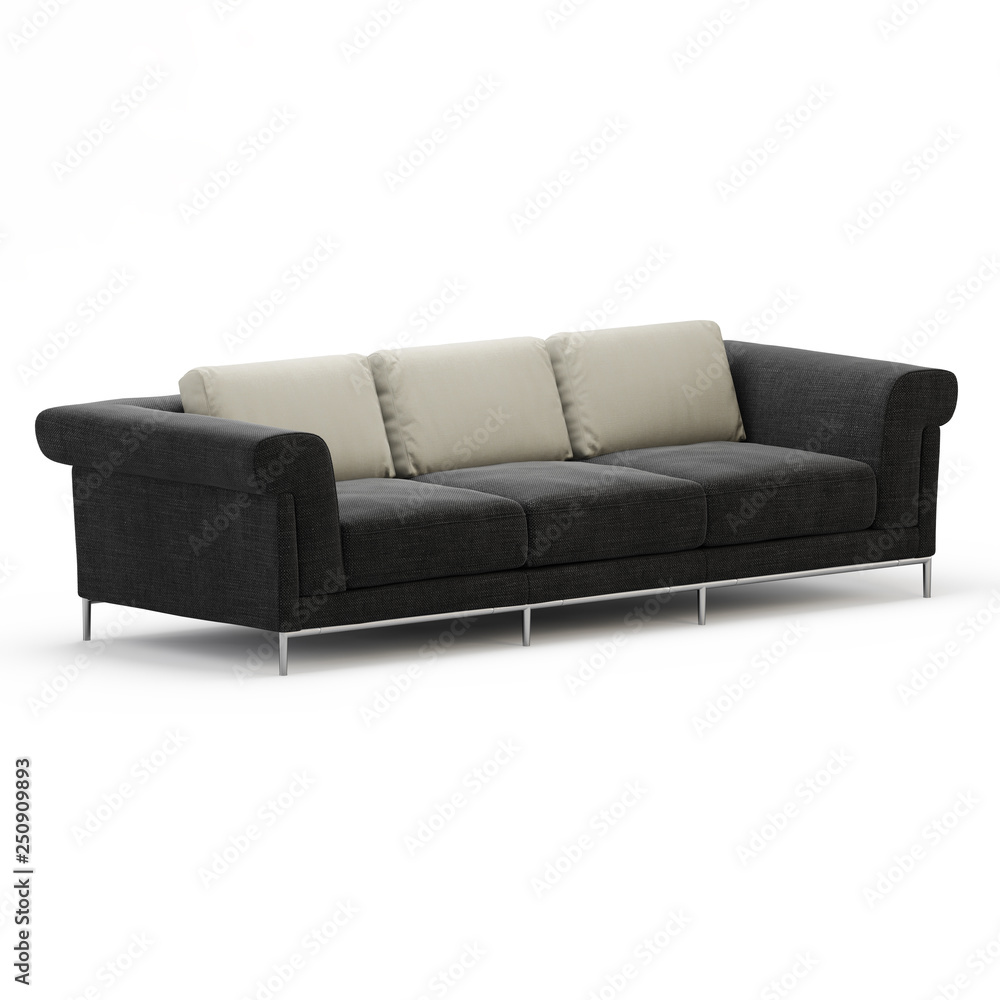 Three-seater soft gray sofa on a white background 3d rendering Three-seater soft gray sofa on a white background 3d rendering