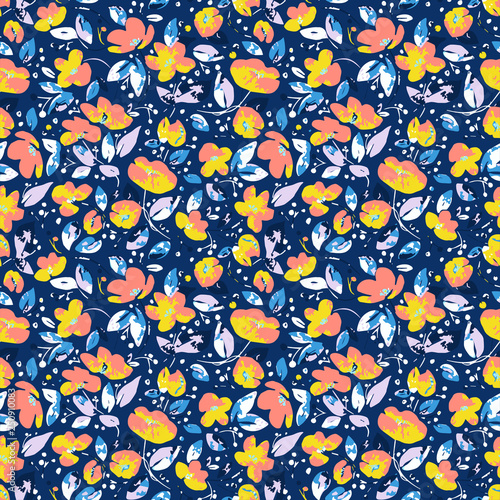 Vector seamless pattern with blooming abstract coral, yellow flowers and blue, purpur leaves on navy background. Boho style. Use in textiles, interior, wrapping paper and other design.