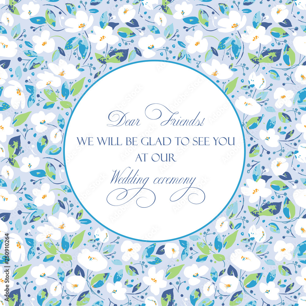 Vector background for greetings or invitations to the wedding with lovely abstract white flowers. Invitation card with soft, blue, gentle colors, template for creative own design. Vector background for greetings or invitations to the wedding with lovely abstract white flowers. Invitation card with soft, blue, gentle colors, template for creative own design.