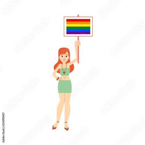 White young redhead slim woman in a short skirt and top holds a poster or a banner with a rainbow.