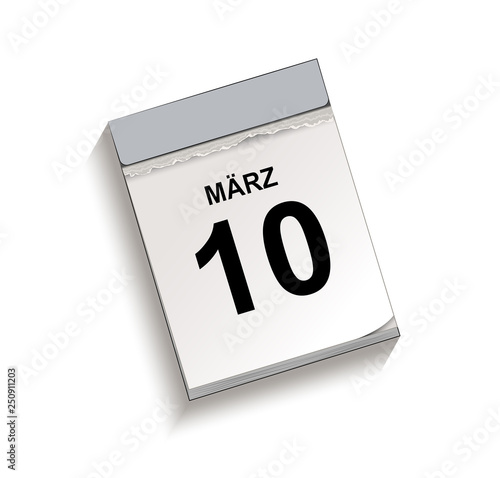 Kalender März 10, Abreißkalender mit Datum, Vektor Illustration isoliert auf weißem Hintergrund