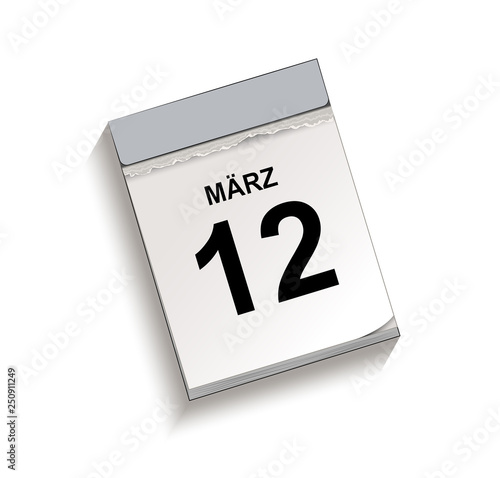 Kalender März 12, Abreißkalender mit Datum, Vektor Illustration isoliert auf weißem Hintergrund