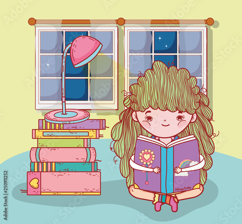 girl read books with lamp and window