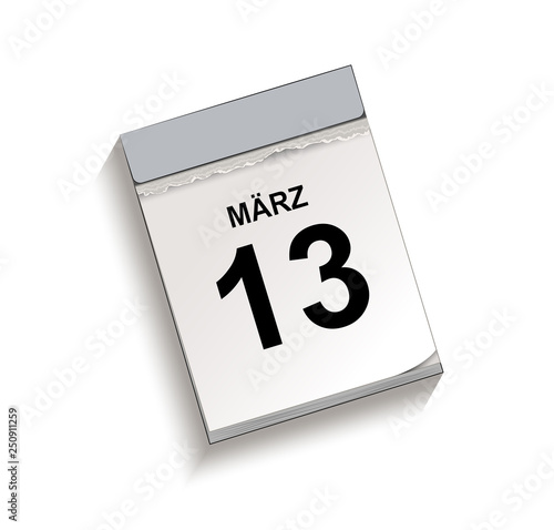 Kalender März 13, Abreißkalender mit Datum, Vektor Illustration isoliert auf weißem Hintergrund
