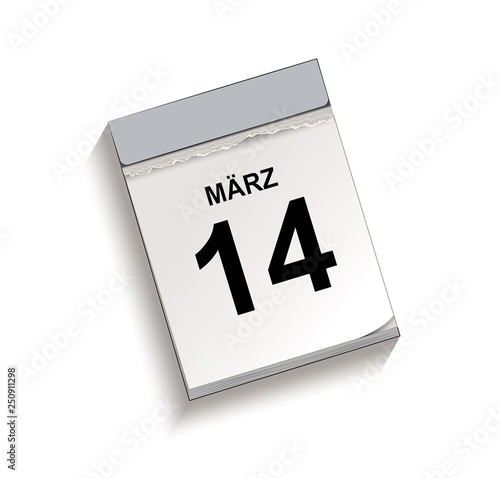 Kalender März 14, Abreißkalender mit Datum, Vektor Illustration isoliert auf weißem Hintergrund