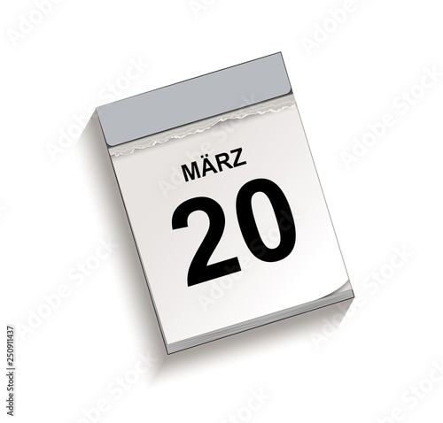 Kalender März 20, Abreißkalender mit Datum, Vektor Illustration isoliert auf weißem Hintergrund