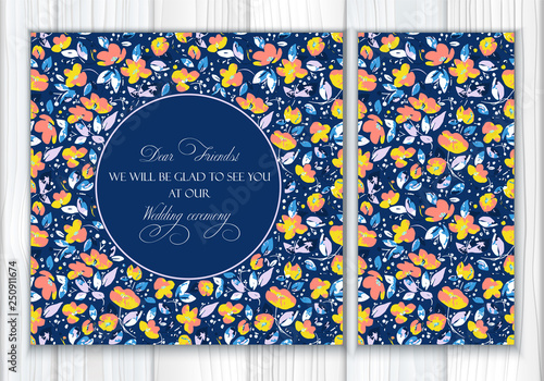 Vector set of seamless pattern and greeting card or invitation with abstract coral, yellow flowers and blue, purpur leaves on navy background. Use in textiles, interior, wrapping paper and other.