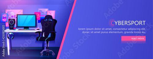 ESports interior banner. Workplace cyber sportsman gamer. A desk with a computer and headphones and a mouse with light and a gamers chair. Vector cartoon illustration