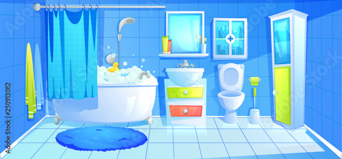 Bathroom design interior room with ceramic furniture background template. Vector cartoon illustration