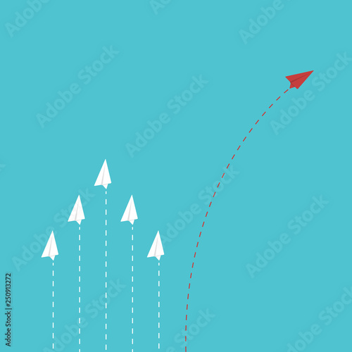 Red paper plane changing direction from white. new idea. different business concept. courage to risk. leadership. vector illustration