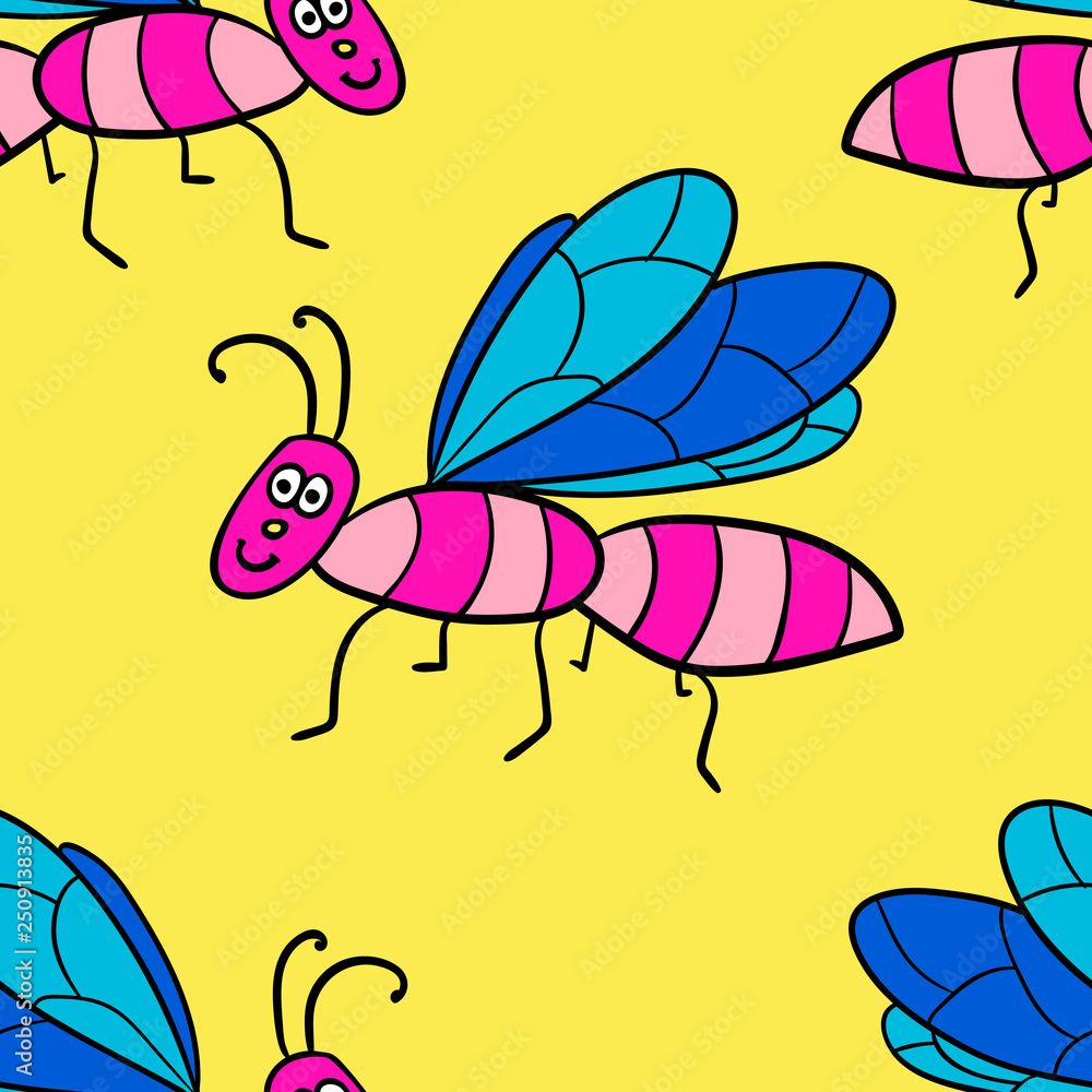 Seamless pattern with cartoon doodle linear midge, fly. Childlike insect background. Vector illustration. Seamless pattern with cartoon doodle linear midge, fly. Childlike insect background. Vector illustration.