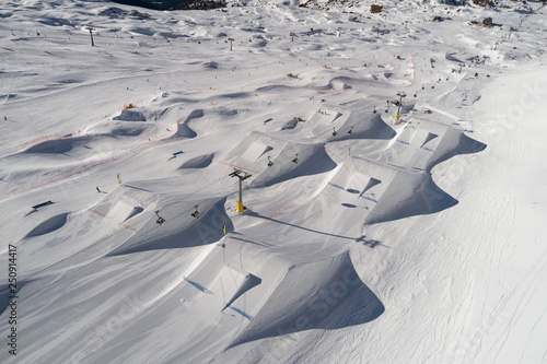 Winter in Ursus Snowpark Aerial Drone Madonna di Campiglio Italy Dolomites Trentino