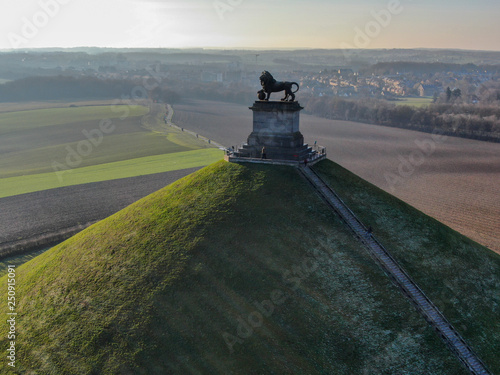 Aerial view of The Lion's Mound with farm land around. The immense Butte Du Lion on the battlefield of Waterloo where Napoleon died. Belgium. 