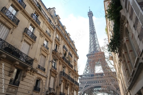 Photography Paris, immeuble haussmannien avec vue sur la tour Eiffel (France)