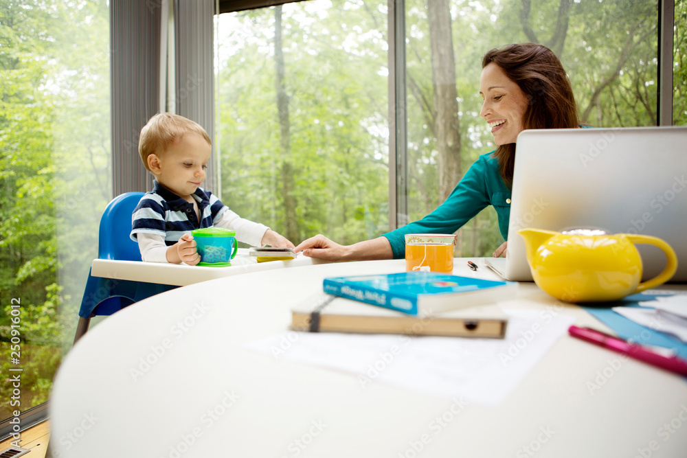 Working mother and son (18-23 months) in dining room Working mother and son (18-23 months) in dining room