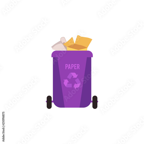 Rubbish violet bin with paper waste. Container for sorting paper garbage for recycling.