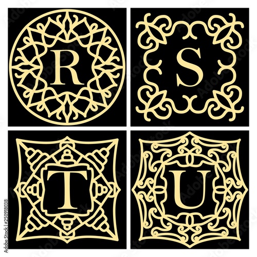 Set of ornate frame monogram for cards, wedding invitations, menus, labels. Collection of design elements for the letters R, S, T, U Golden signs on black background.