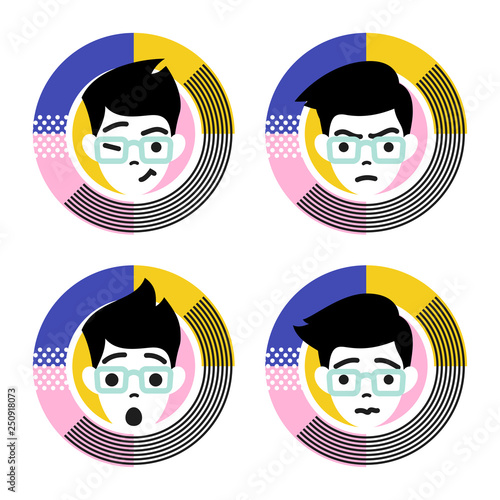 Four different emotions of young male character. Flat style vector illustration