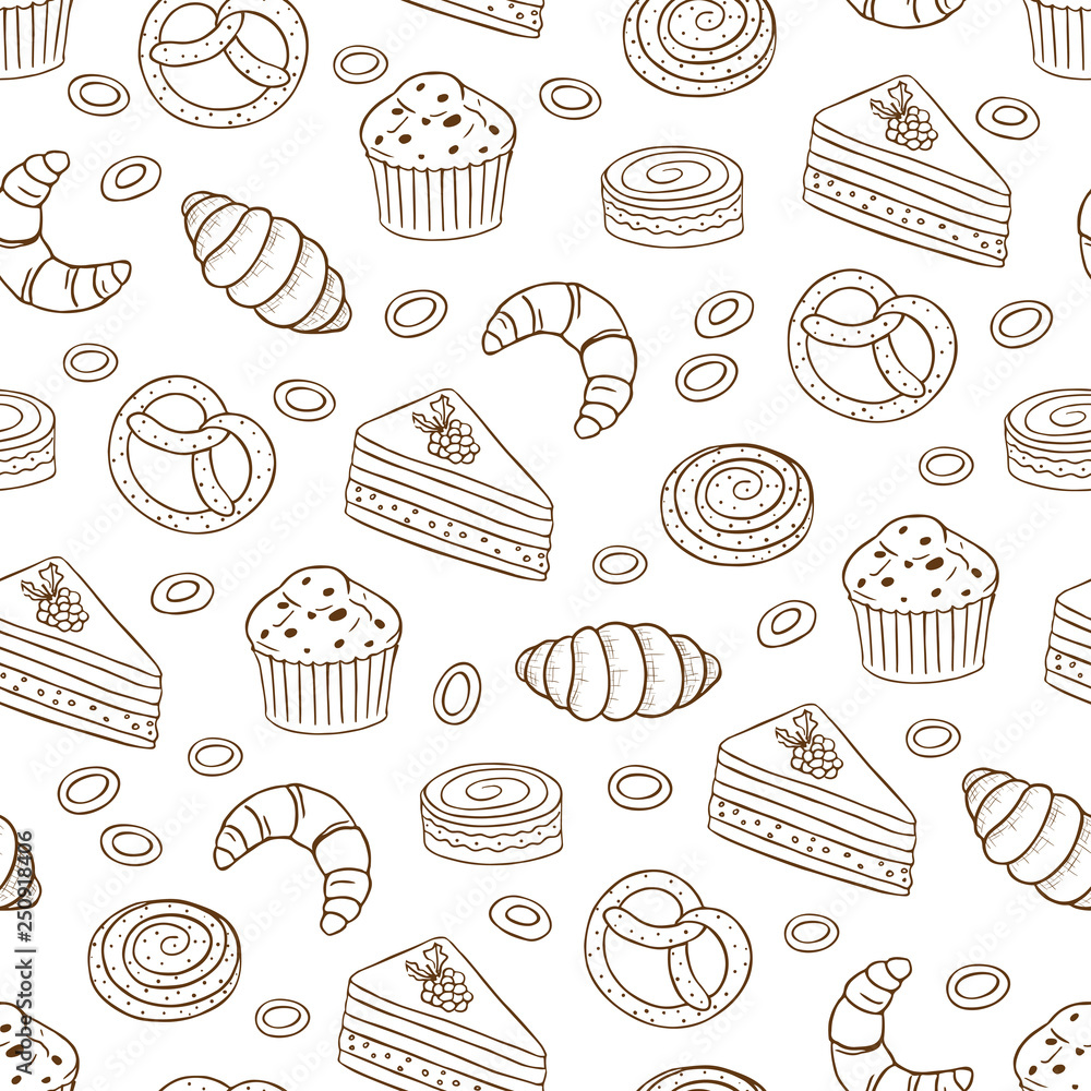 Hand drawn vector seamless pattern with different kind of bread  and cakes