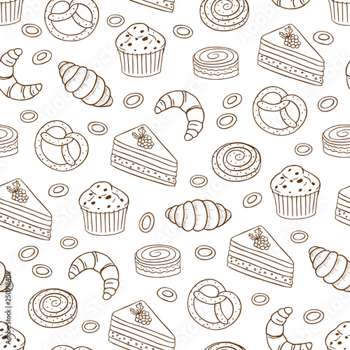 Hand drawn vector seamless pattern with different kind of bread  and cakes