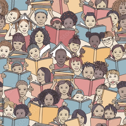 Seamless pattern of children reading colorful books, "back to school" vector background with diverse school kids