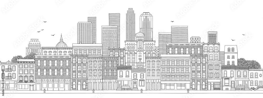 Horizontal banner with hand drawn buildings of a big city, skyline with skyscrapers, real estate background