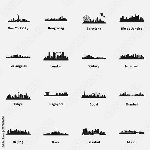 Set of best known cities skyline silhouette flat vector icons.