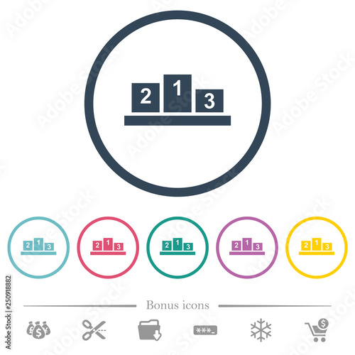 Winners podium with inside numbers flat color icons in round outlines