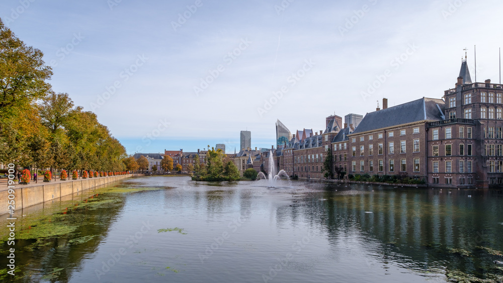 The Hofvijver (court pond) in front of the buildings of the Dutch parliament, The Hague, Netherlands